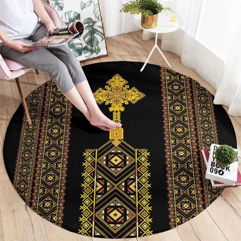 Habesha Motifs Ethiopia Round Carpet Tilet Black Gold