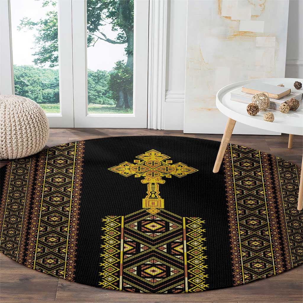 Habesha Motifs Ethiopia Round Carpet Tilet Black Gold