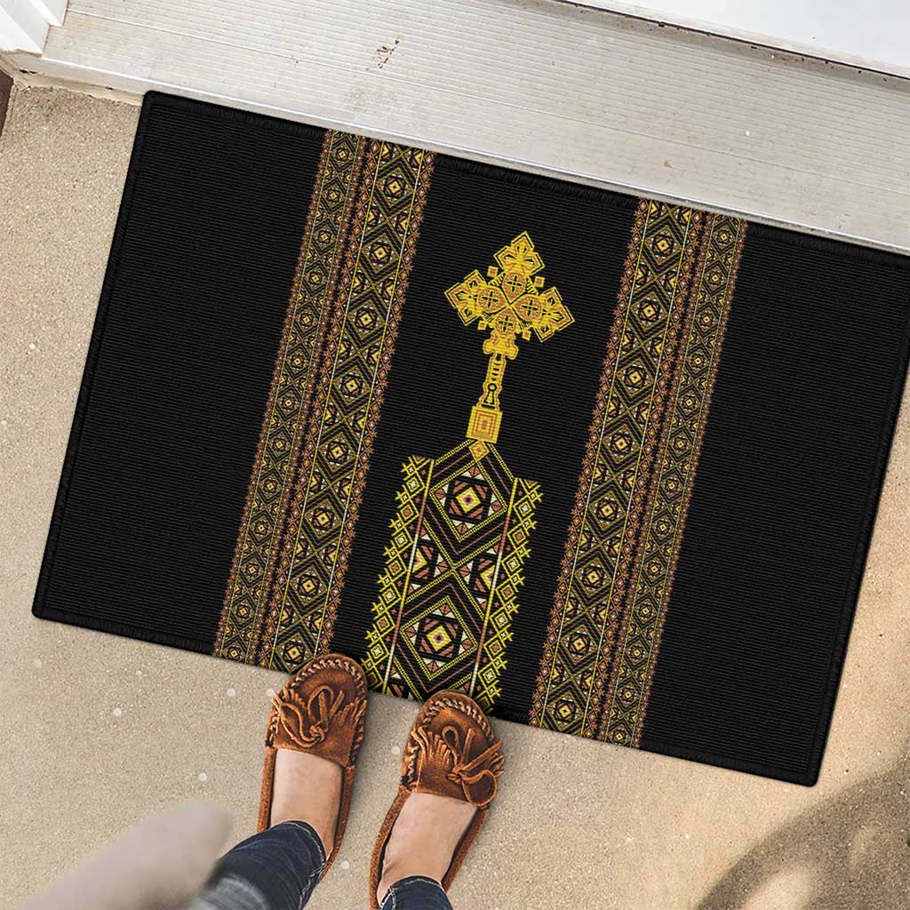 Habesha Motifs Ethiopia Rubber Doormat Tilet Black Gold
