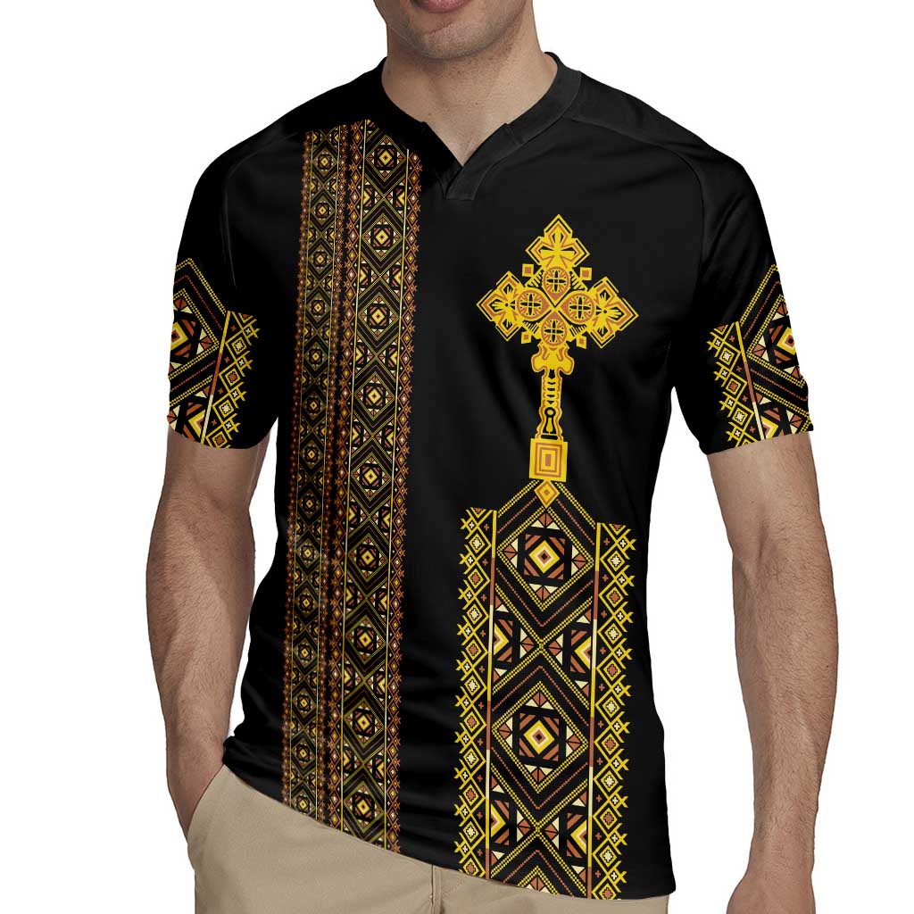 Habesha Motifs Ethiopia Rugby Jersey Tilet Black Gold