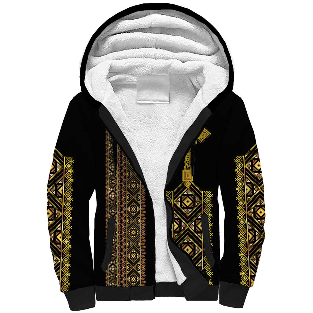 Habesha Motifs Ethiopia Sherpa Hoodie Tilet Black Gold