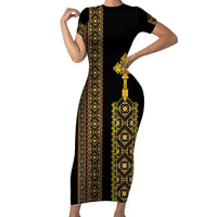 Habesha Motifs Ethiopia Short Sleeve Bodycon Dress Tilet Black Gold