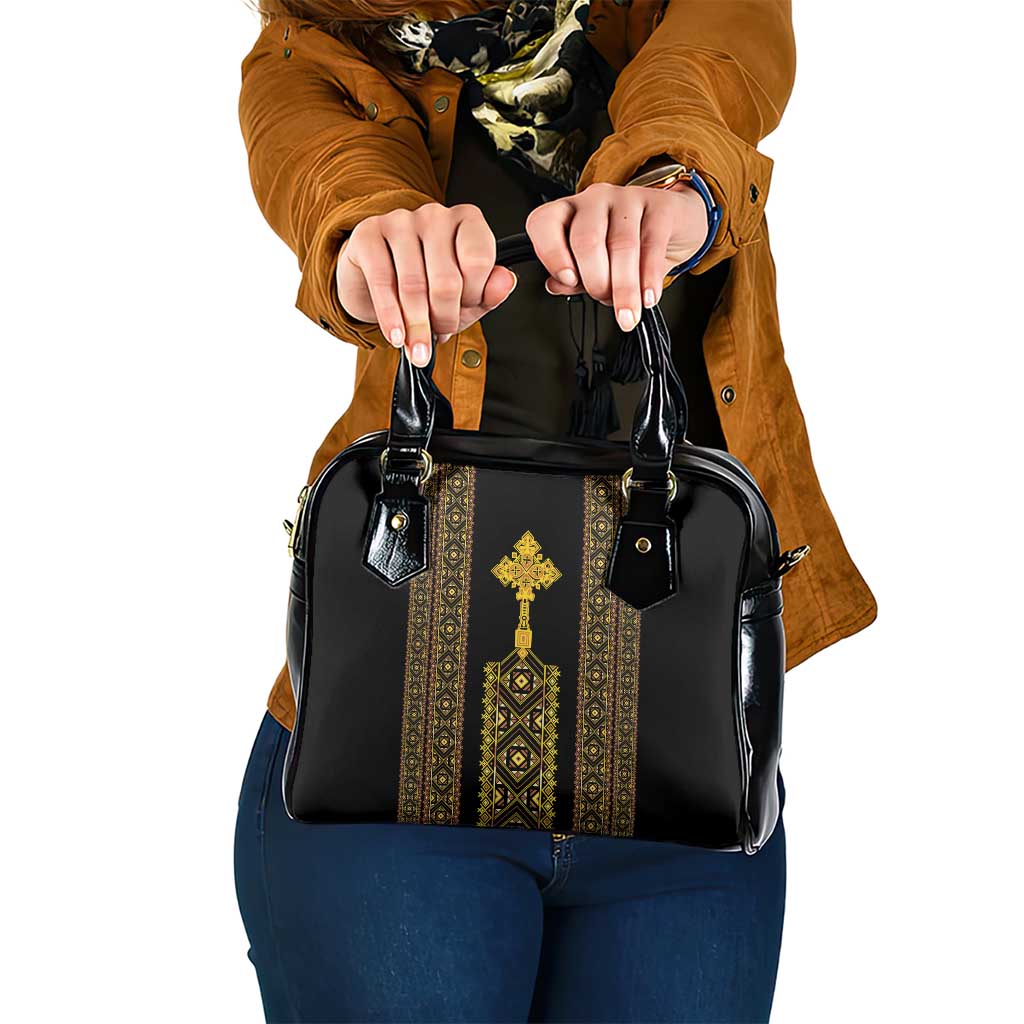 Habesha Motifs Ethiopia Shoulder Handbag Tilet Black Gold