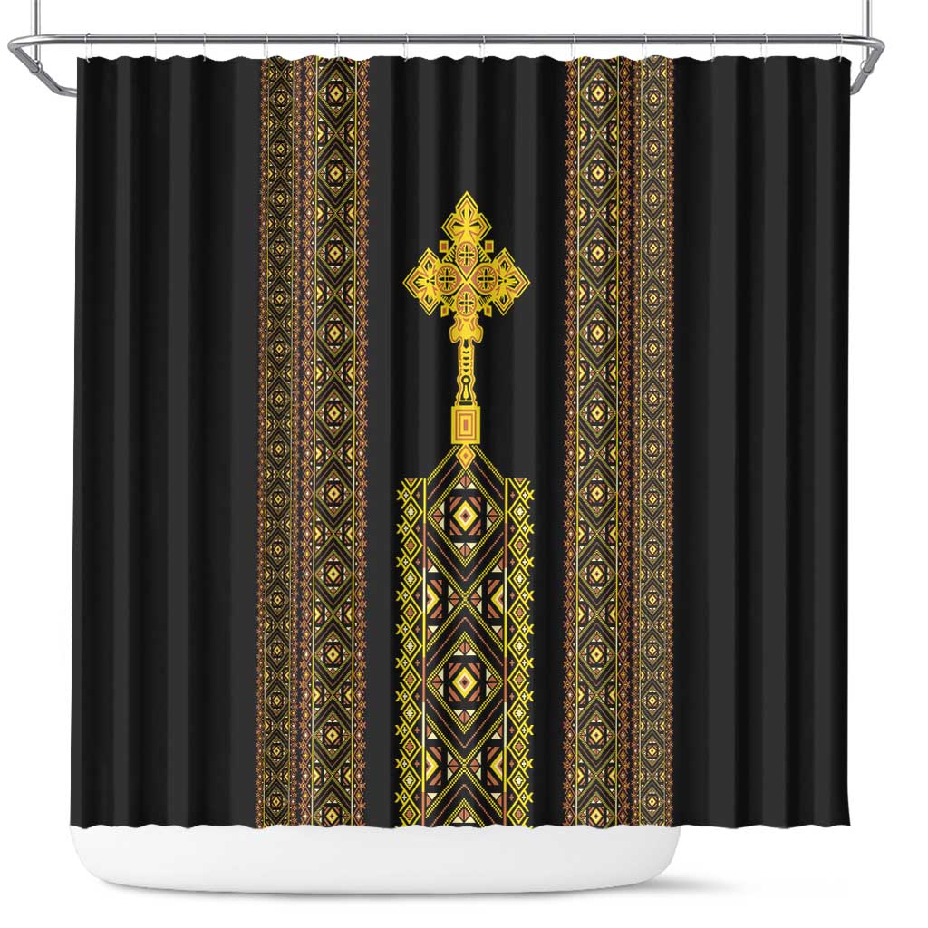Habesha Motifs Ethiopia Shower Curtain Tilet Black Gold