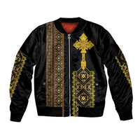 Habesha Motifs Ethiopia Sleeve Zip Bomber Jacket Tilet Black Gold
