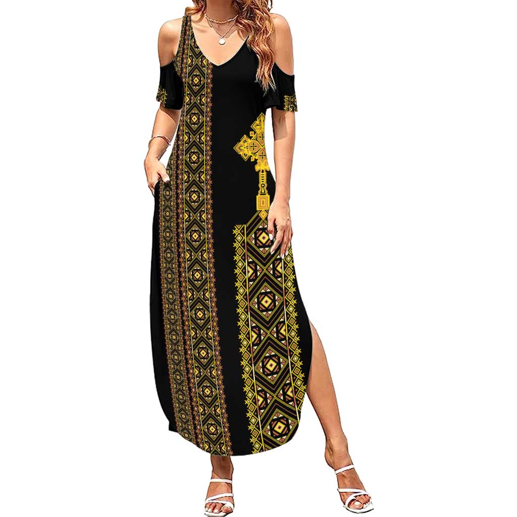 Habesha Motifs Ethiopia Summer Maxi Dress Tilet Black Gold
