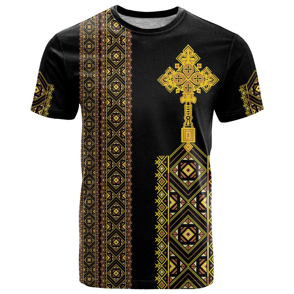 Habesha Motifs Ethiopia T Shirt Tilet Black Gold