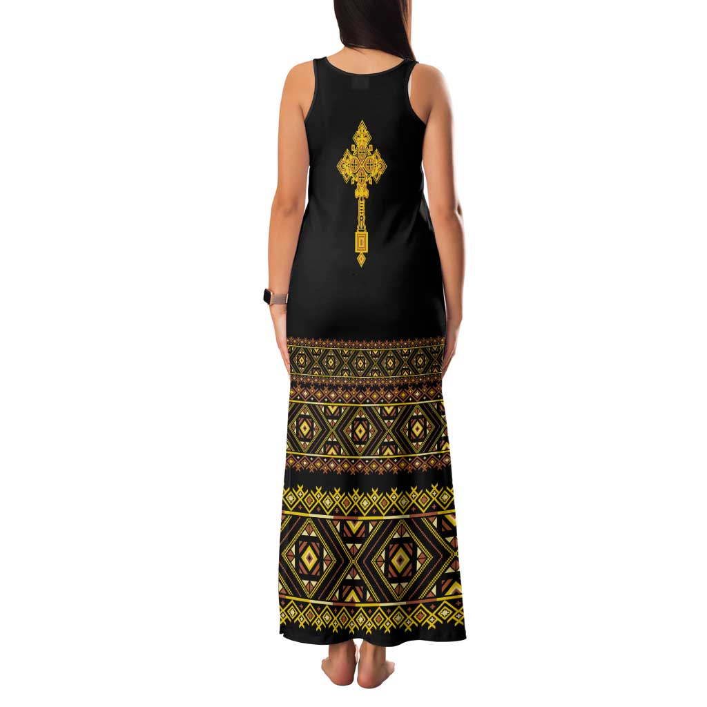 Habesha Motifs Ethiopia Tank Maxi Dress Tilet Black Gold