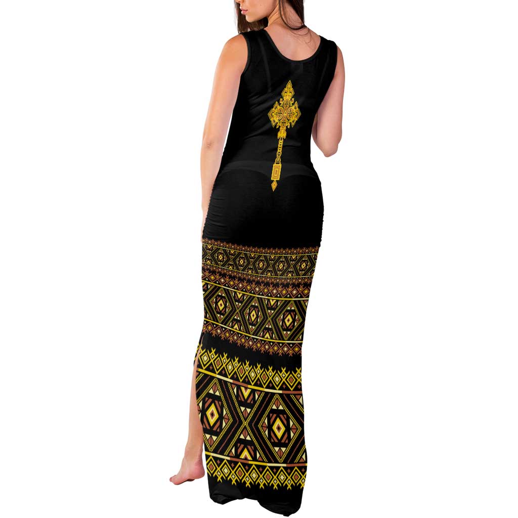 Habesha Motifs Ethiopia Tank Maxi Dress Tilet Black Gold