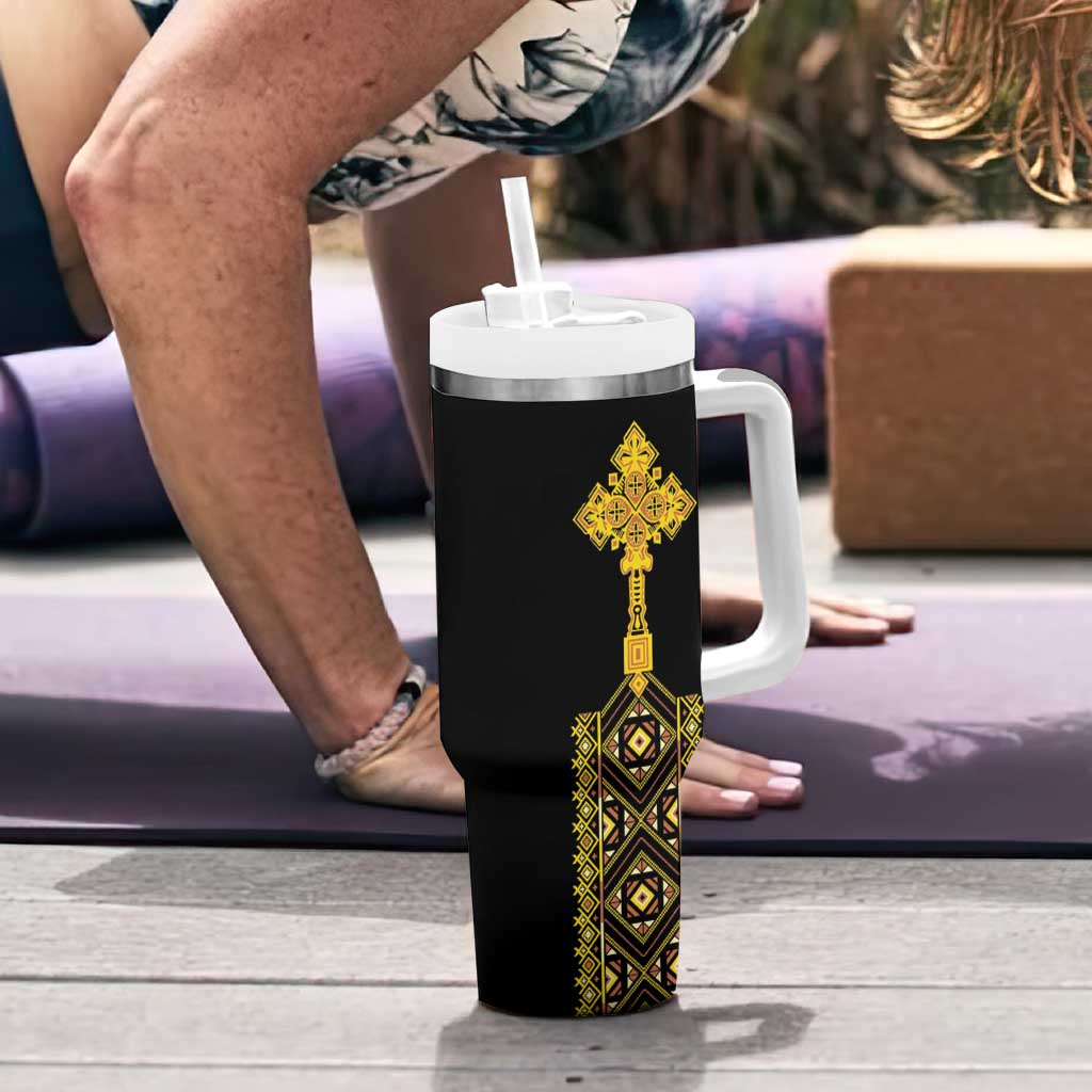 Habesha Motifs Ethiopia Tumbler With Handle Tilet Black Gold