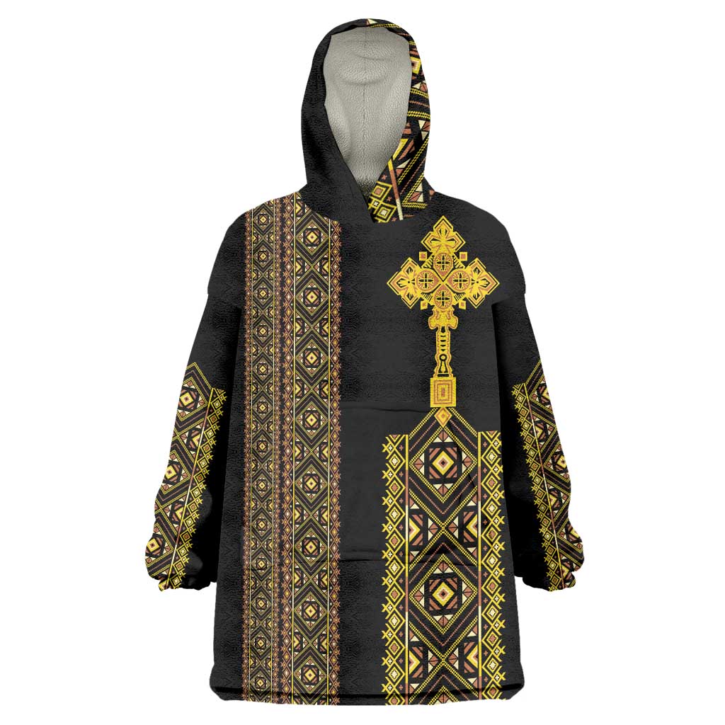 Habesha Motifs Ethiopia Wearable Blanket Hoodie Tilet Black Gold