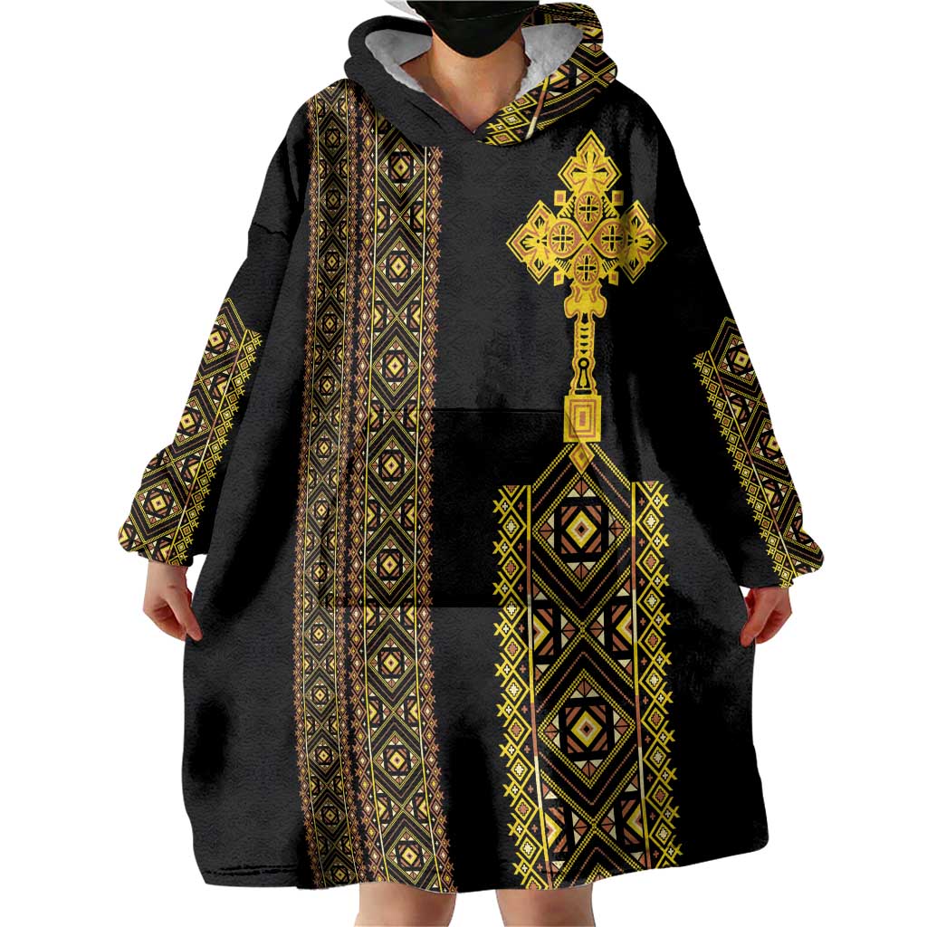 Habesha Motifs Ethiopia Wearable Blanket Hoodie Tilet Black Gold