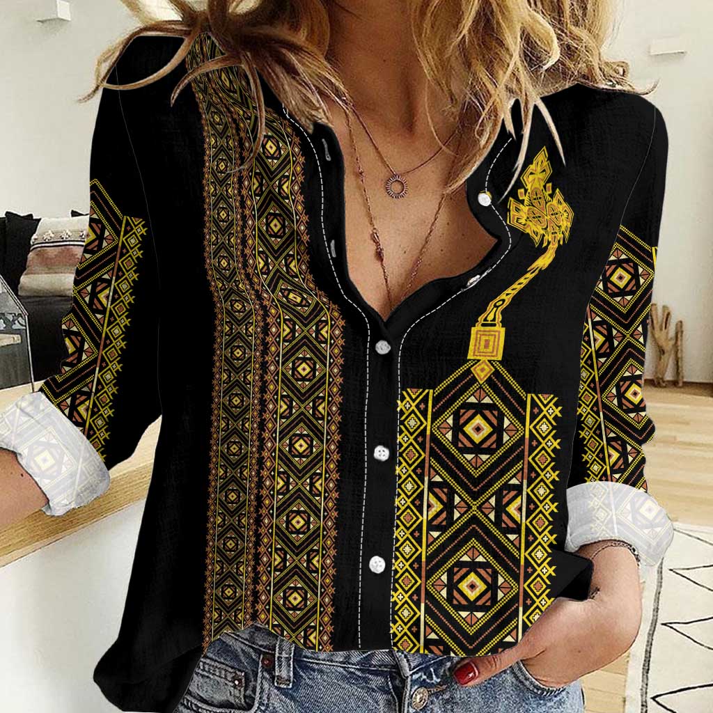 Habesha Motifs Ethiopia Women Casual Shirt Tilet Black Gold