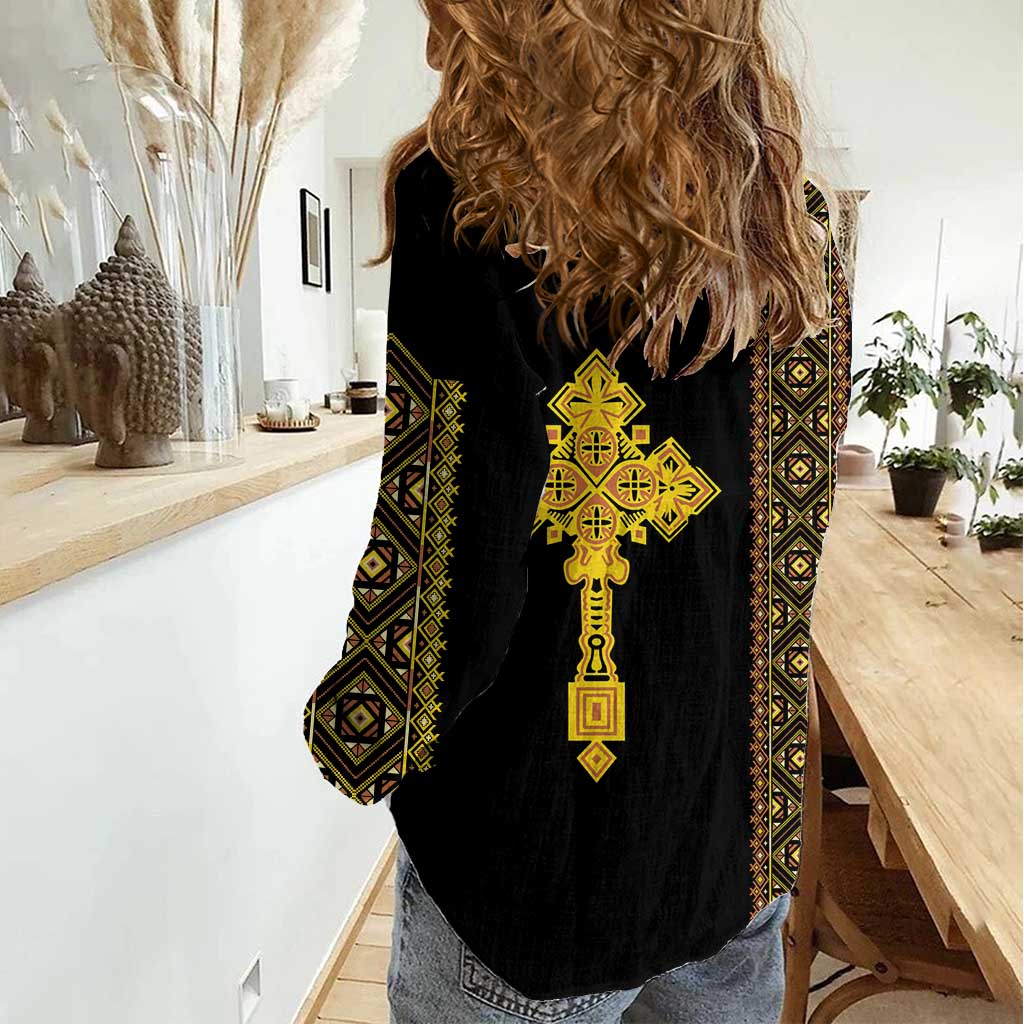 Habesha Motifs Ethiopia Women Casual Shirt Tilet Black Gold
