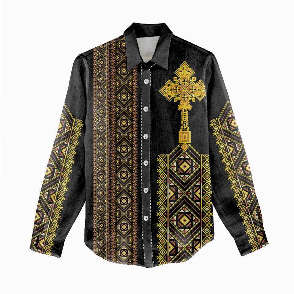 Habesha Motifs Ethiopia Women Casual Shirt Tilet Black Gold