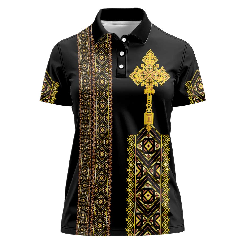 Habesha Motifs Ethiopia Women Polo Shirt Tilet Black Gold
