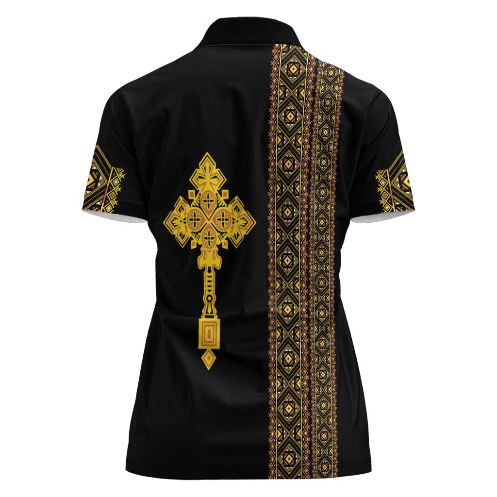 Habesha Motifs Ethiopia Women Polo Shirt Tilet Black Gold