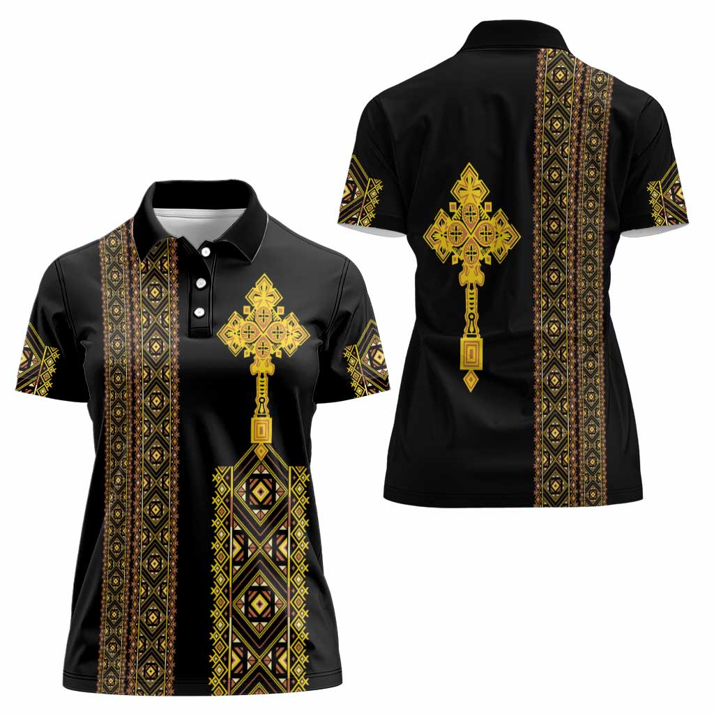 Habesha Motifs Ethiopia Women Polo Shirt Tilet Black Gold