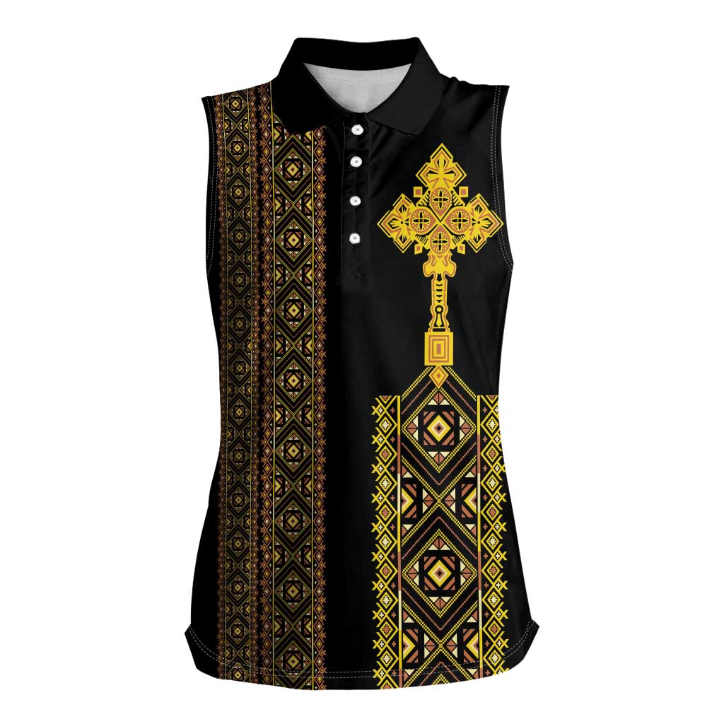 Habesha Motifs Ethiopia Women Sleeveless Polo Shirt Tilet Black Gold