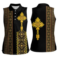 Habesha Motifs Ethiopia Women Sleeveless Polo Shirt Tilet Black Gold