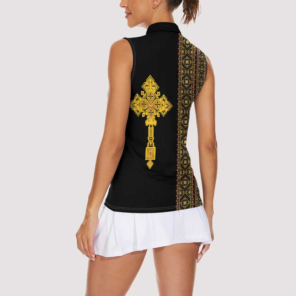 Habesha Motifs Ethiopia Women Sleeveless Polo Shirt Tilet Black Gold