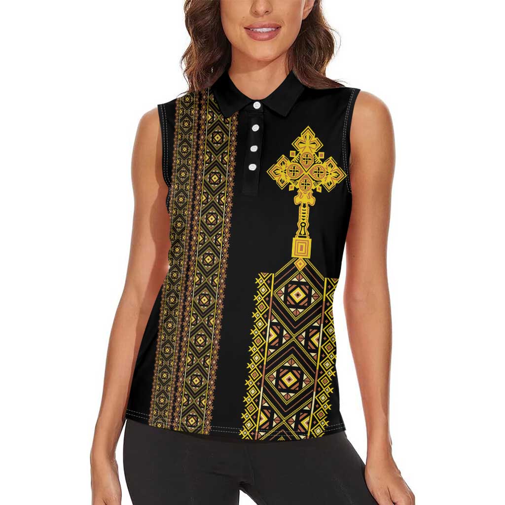 Habesha Motifs Ethiopia Women Sleeveless Polo Shirt Tilet Black Gold