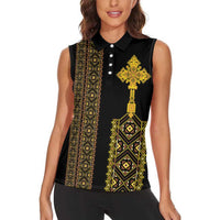 Habesha Motifs Ethiopia Women Sleeveless Polo Shirt Tilet Black Gold