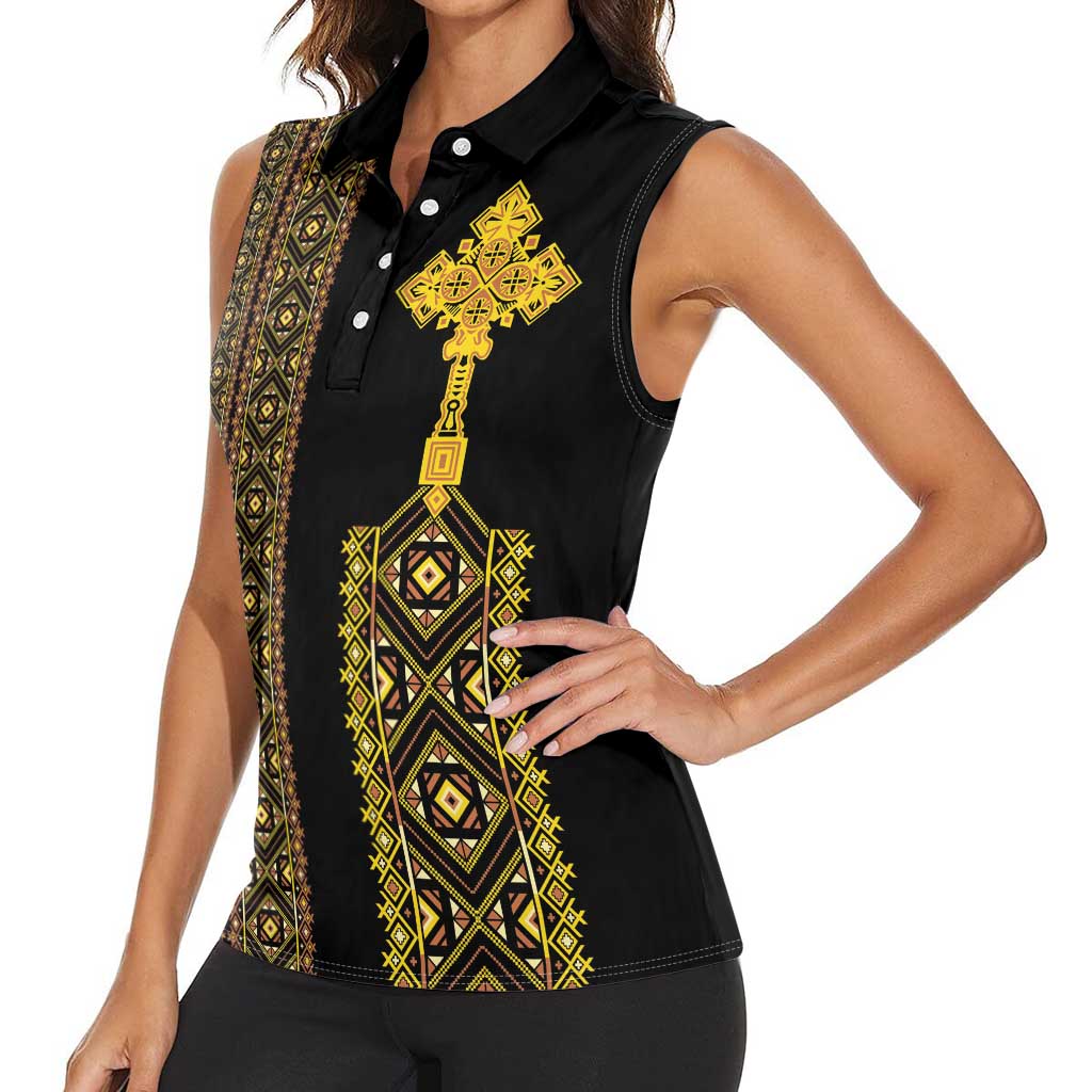 Habesha Motifs Ethiopia Women Sleeveless Polo Shirt Tilet Black Gold