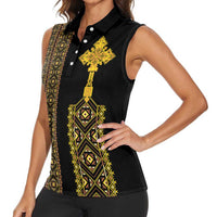 Habesha Motifs Ethiopia Women Sleeveless Polo Shirt Tilet Black Gold