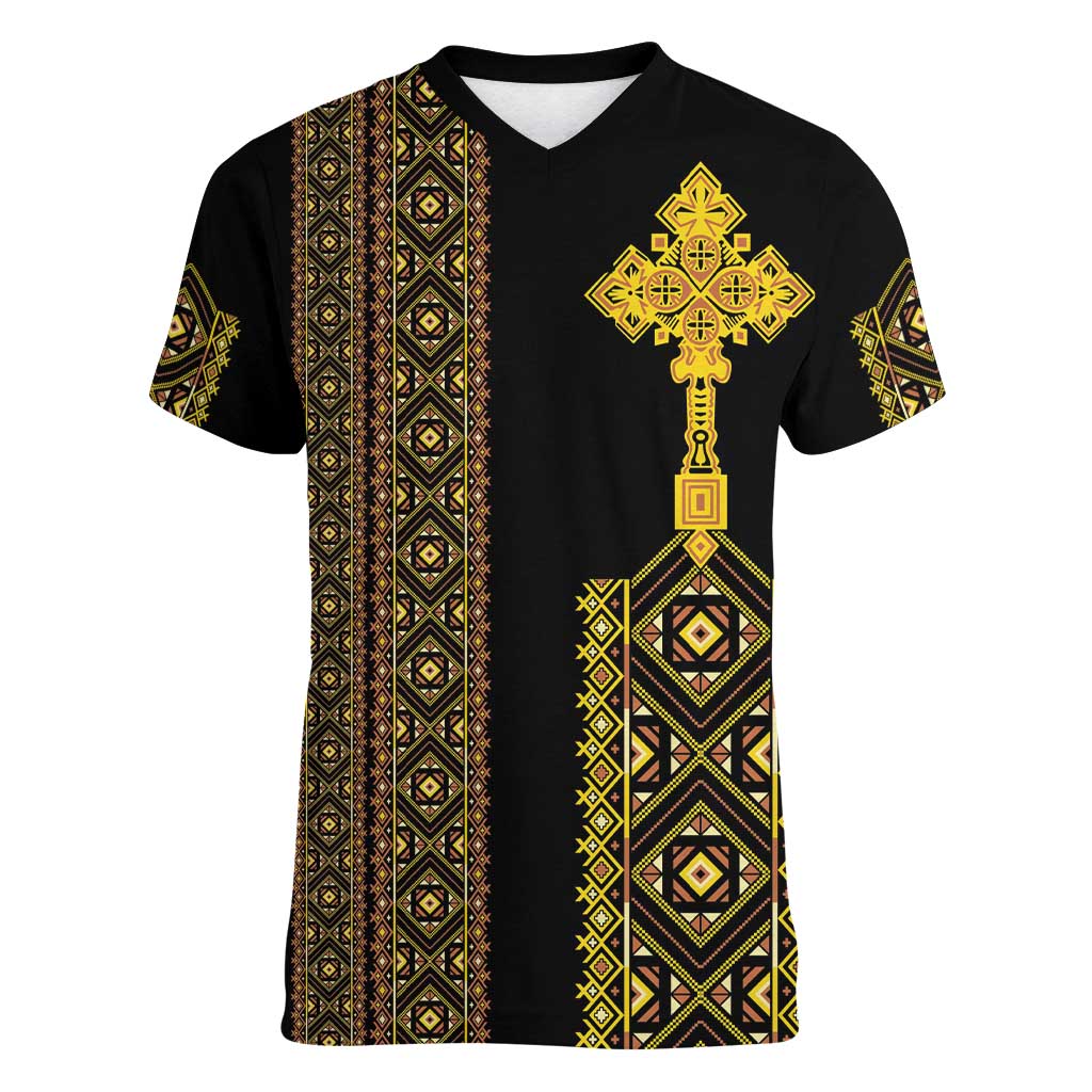Habesha Motifs Ethiopia Women V-Neck T-Shirt Tilet Black Gold