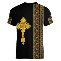 Habesha Motifs Ethiopia Women V-Neck T-Shirt Tilet Black Gold