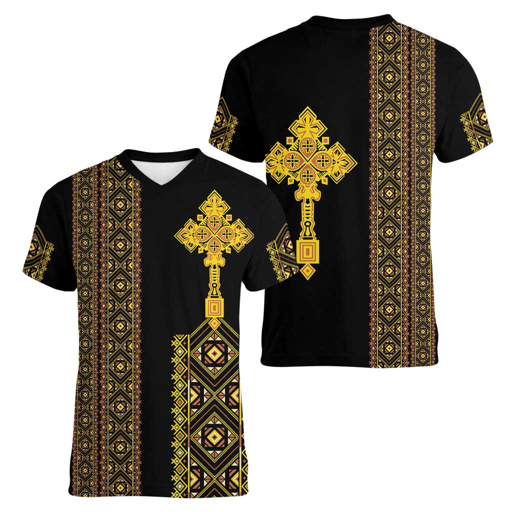 Habesha Motifs Ethiopia Women V-Neck T-Shirt Tilet Black Gold