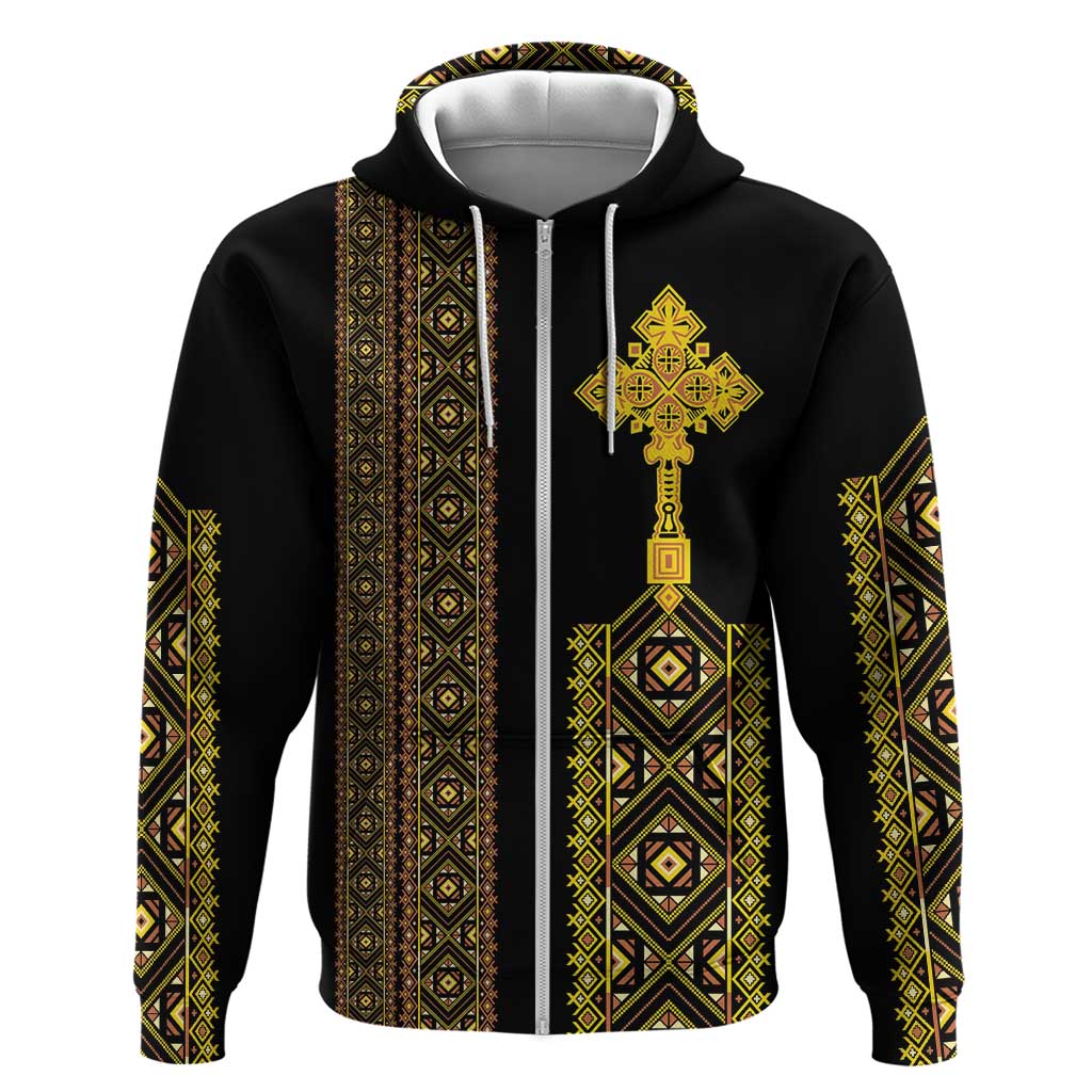 Habesha Motifs Ethiopia Zip Hoodie Tilet Black Gold
