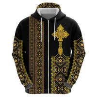 Habesha Motifs Ethiopia Zip Hoodie Tilet Black Gold
