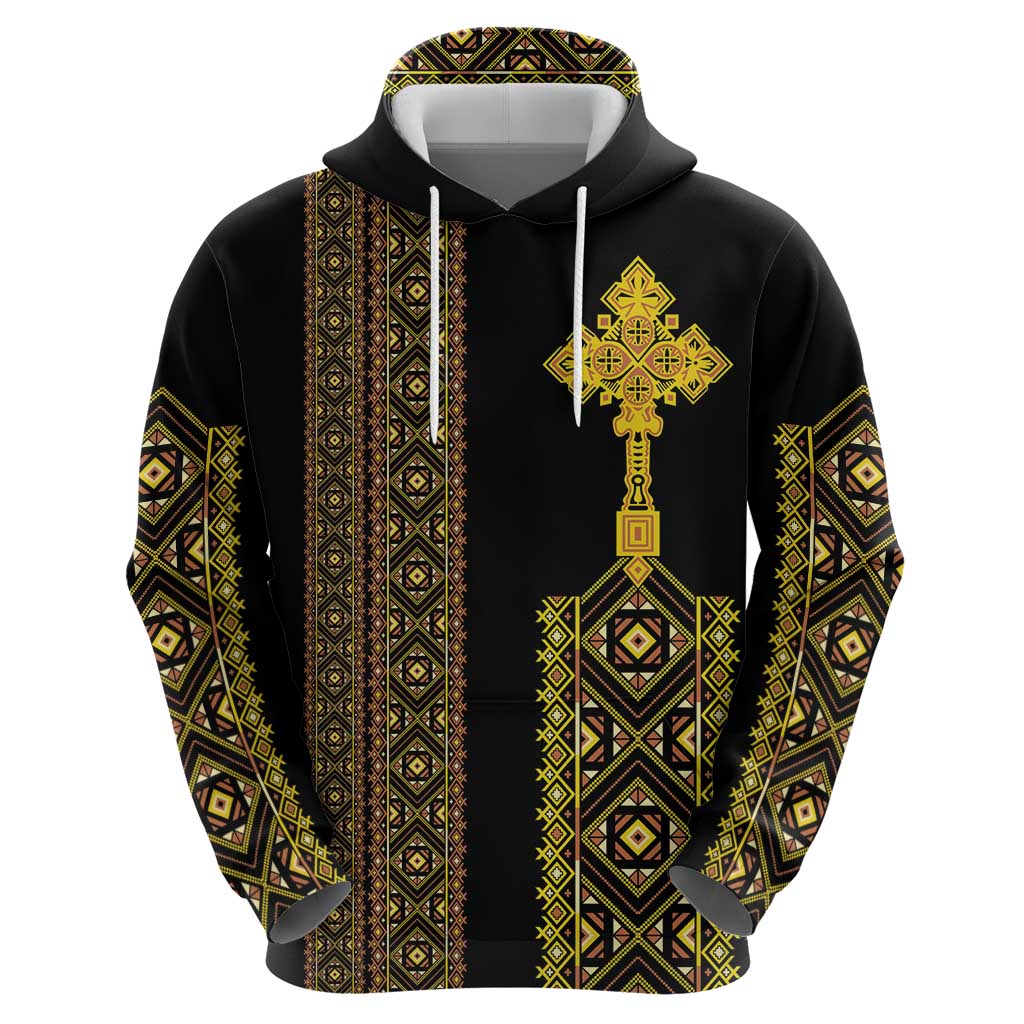 Habesha Motifs Ethiopia Zip Hoodie Tilet Black Gold