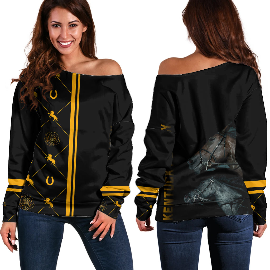 Kentucky Horse Racing Off Shoulder Sweater Luxury Black And Gold - Wonder Print Shop