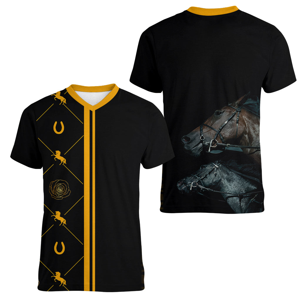 Kentucky Horse Racing Women V Neck T Shirt Luxury Black And Gold - Wonder Print Shop