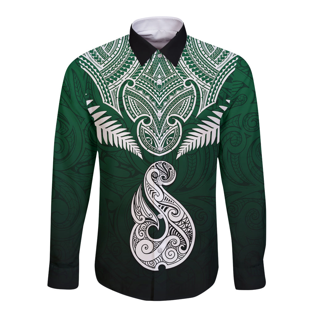 Peronsalised New Zealand Long Sleeve Button Shirt Hei Matau Mix Silver Fern Basic - Wonder Print Shop