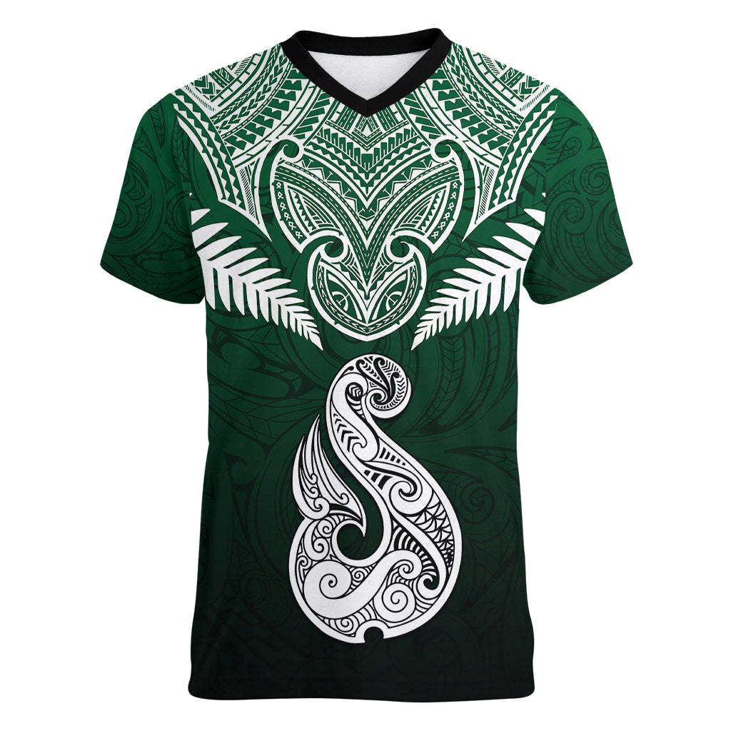 Personalised New Zealand Women V Neck T Shirt Hei Matau Mix Silver Fern Basic - Wonder Print Shop