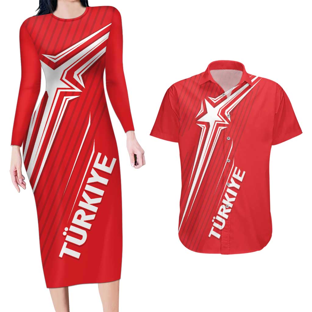Turkiye Football 2024 Custom Couples Matching Long Sleeve Bodycon Dress and Hawaiian Shirt Crescent-Stars Basic Style LT7 - Wonder Print Shop