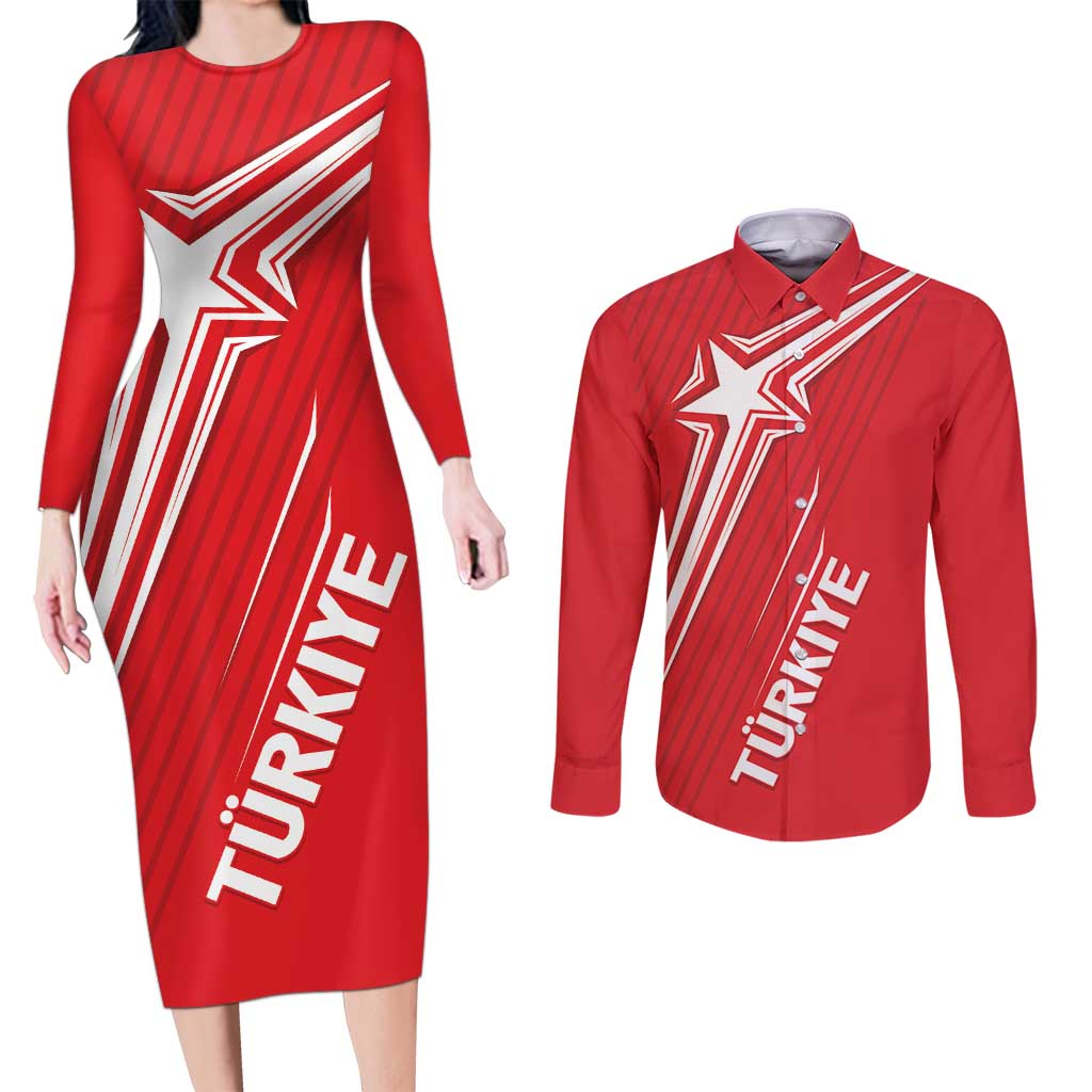 Turkiye Football 2024 Custom Couples Matching Long Sleeve Bodycon Dress and Long Sleeve Button Shirt Crescent-Stars Basic Style LT7 - Wonder Print Shop