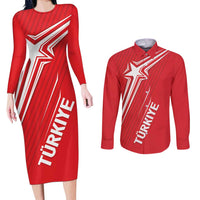 Turkiye Football 2024 Custom Couples Matching Long Sleeve Bodycon Dress and Long Sleeve Button Shirt Crescent-Stars Basic Style LT7 - Wonder Print Shop