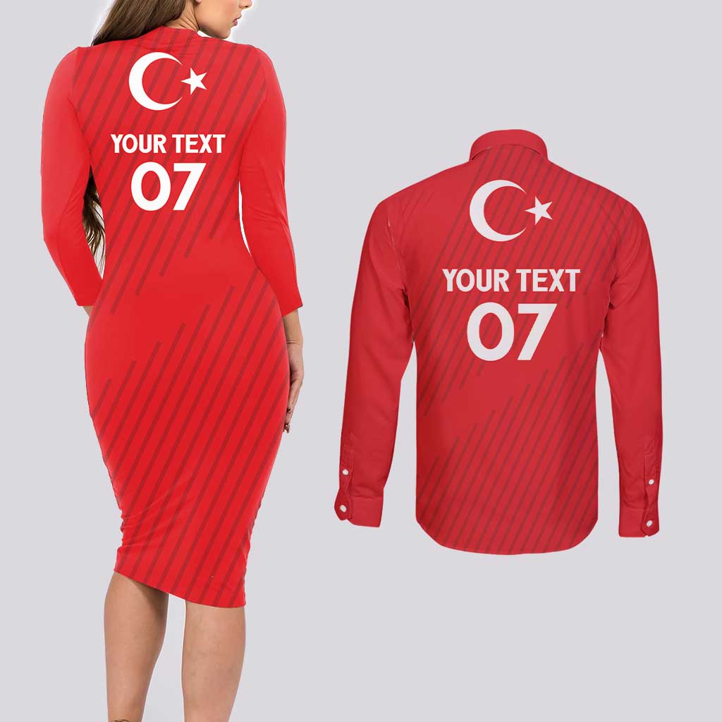 Turkiye Football 2024 Custom Couples Matching Long Sleeve Bodycon Dress and Long Sleeve Button Shirt Crescent-Stars Basic Style LT7 - Wonder Print Shop