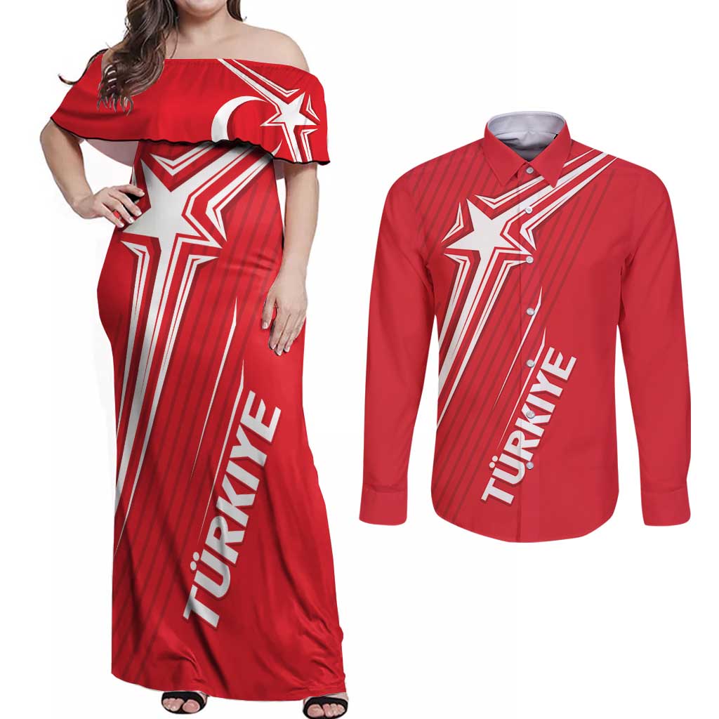 Turkiye Football 2024 Custom Couples Matching Off Shoulder Maxi Dress and Long Sleeve Button Shirt Crescent-Stars Basic Style LT7 - Wonder Print Shop