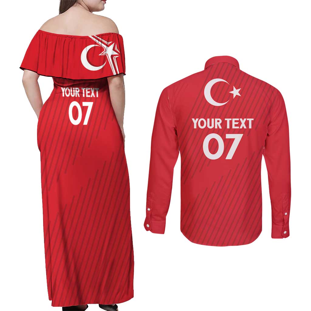 Turkiye Football 2024 Custom Couples Matching Off Shoulder Maxi Dress and Long Sleeve Button Shirt Crescent-Stars Basic Style LT7 - Wonder Print Shop