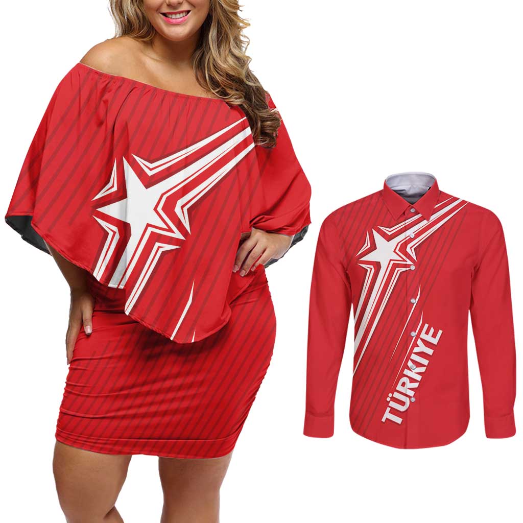 Turkiye Football 2024 Custom Couples Matching Off Shoulder Short Dress and Long Sleeve Button Shirt Crescent-Stars Basic Style LT7 - Wonder Print Shop