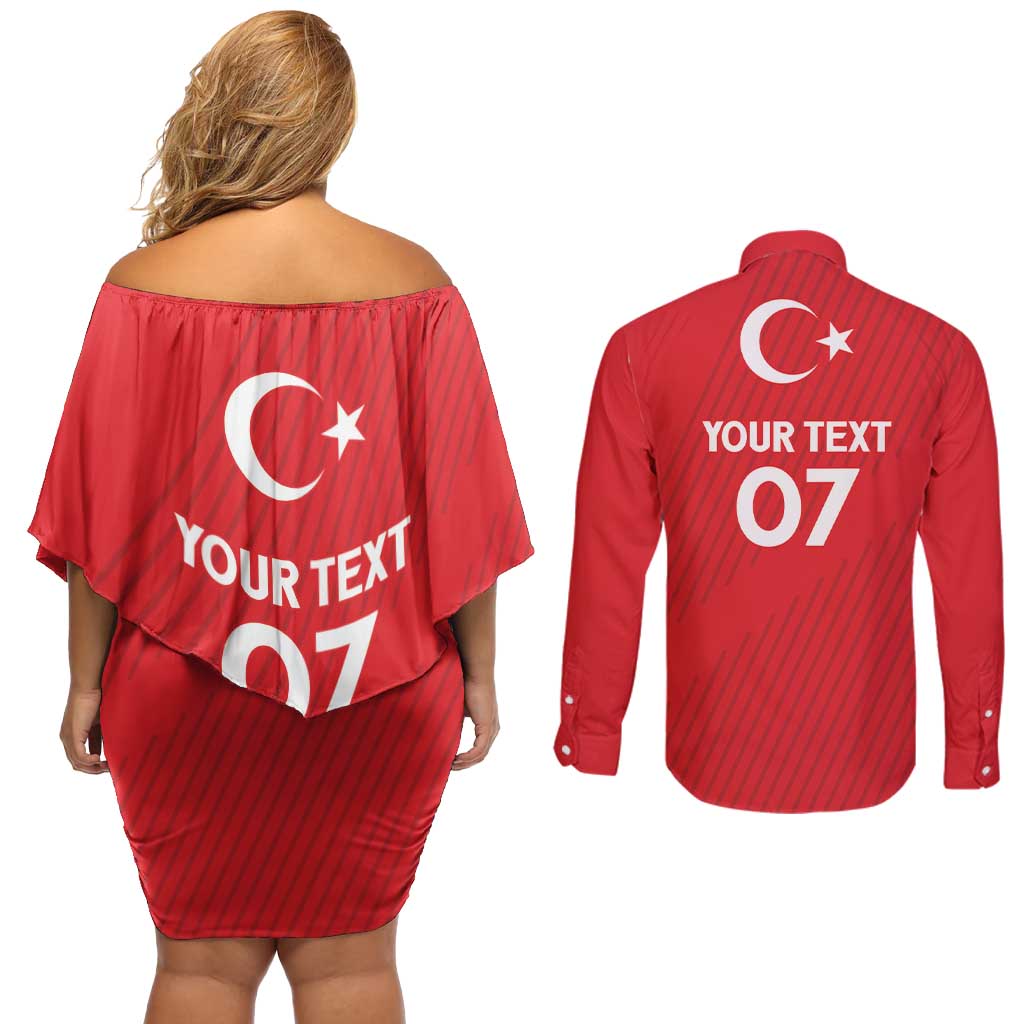 Turkiye Football 2024 Custom Couples Matching Off Shoulder Short Dress and Long Sleeve Button Shirt Crescent-Stars Basic Style LT7 - Wonder Print Shop