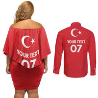 Turkiye Football 2024 Custom Couples Matching Off Shoulder Short Dress and Long Sleeve Button Shirt Crescent-Stars Basic Style LT7 - Wonder Print Shop