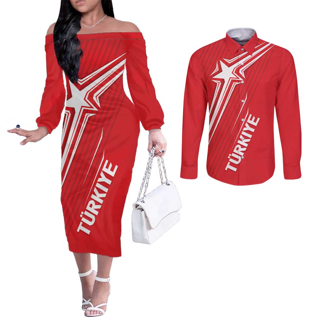 Turkiye Football 2024 Custom Couples Matching Off The Shoulder Long Sleeve Dress and Long Sleeve Button Shirt Crescent-Stars Basic Style