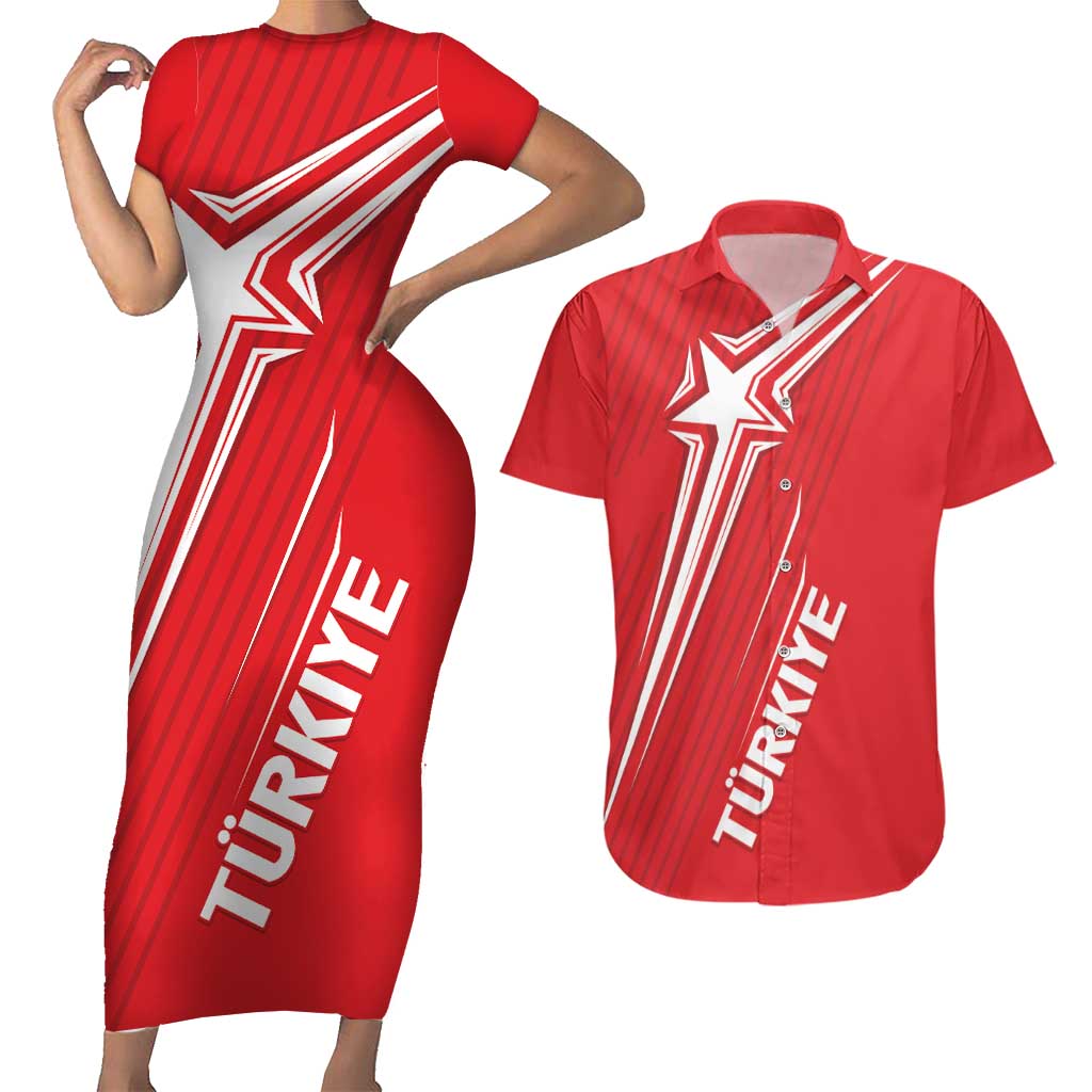 Turkiye Football 2024 Custom Couples Matching Short Sleeve Bodycon Dress and Hawaiian Shirt Crescent-Stars Basic Style LT7 - Wonder Print Shop